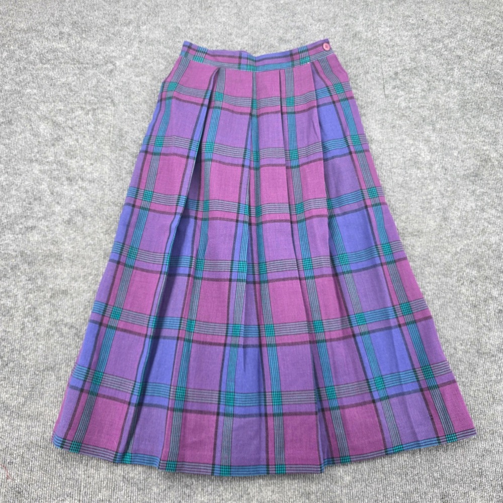 Prophecy Vintage 100% Wool Pleated Midi Skirt Purple Teal Plaid Made in USA 26W